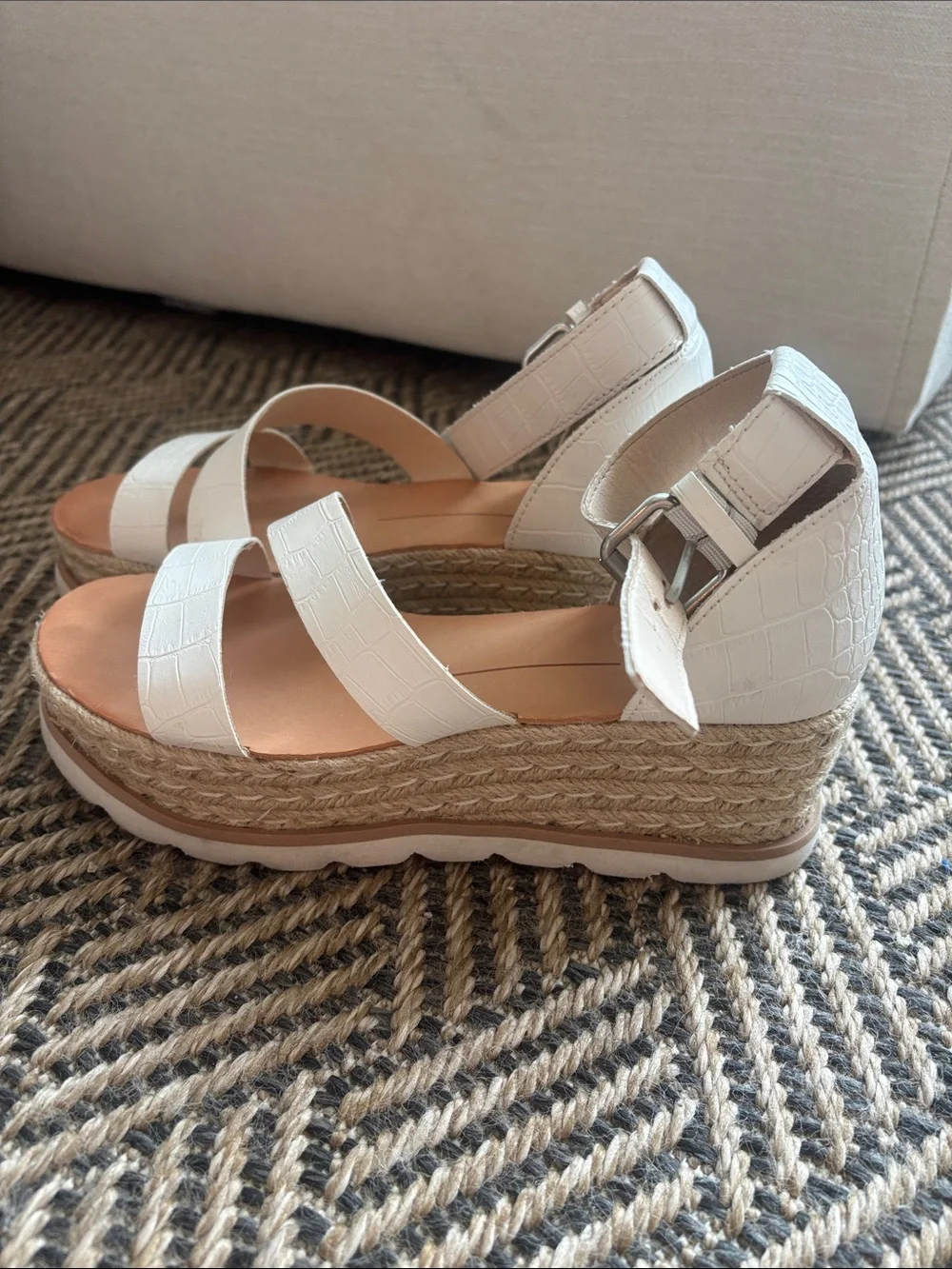 Dolce Vita White Croc-Embossed Wedge Sandals with Ankle Strap